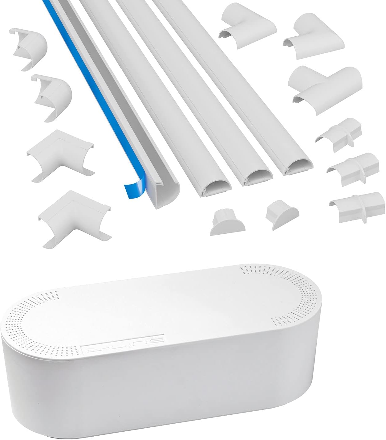 D-Line Cable Management Box (Large) & Medium Cable Raceway Multipack 4X 1.18 (W) x 0.59" (H) x 39" Lengths (13.12ft Total) with 12 Accessories - White