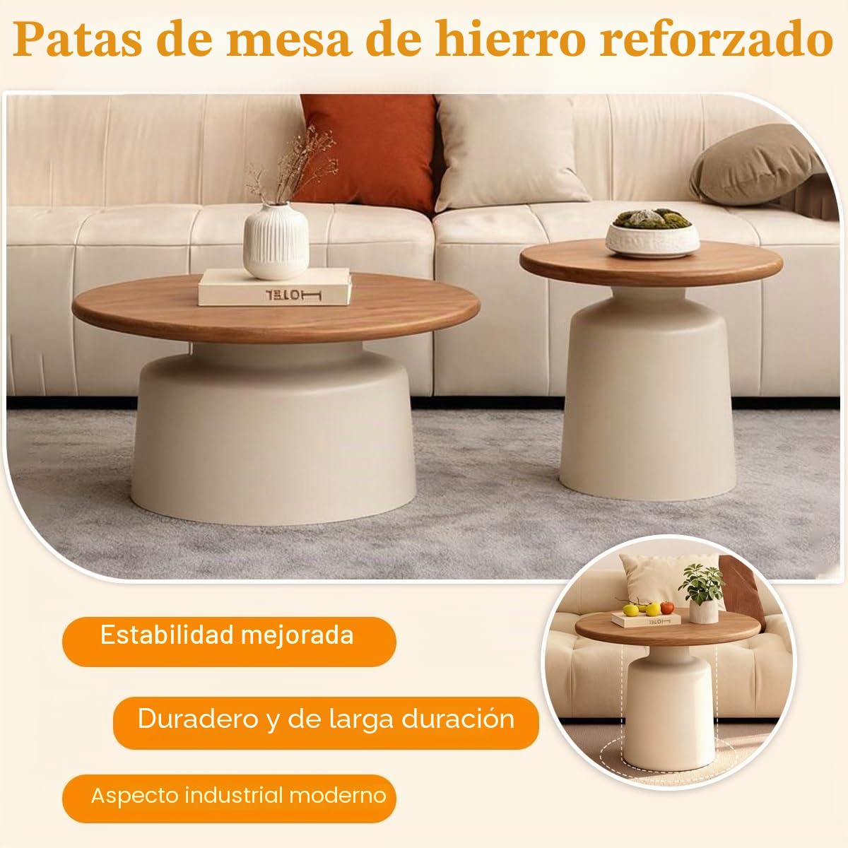 Mesa Centro Redonda de Madera Maciza, Mesa Nido Juego De 2 auxiliares, se Pueden Usar Individualmente o combinadas, mesas centrales para Sala de Estar y balcón