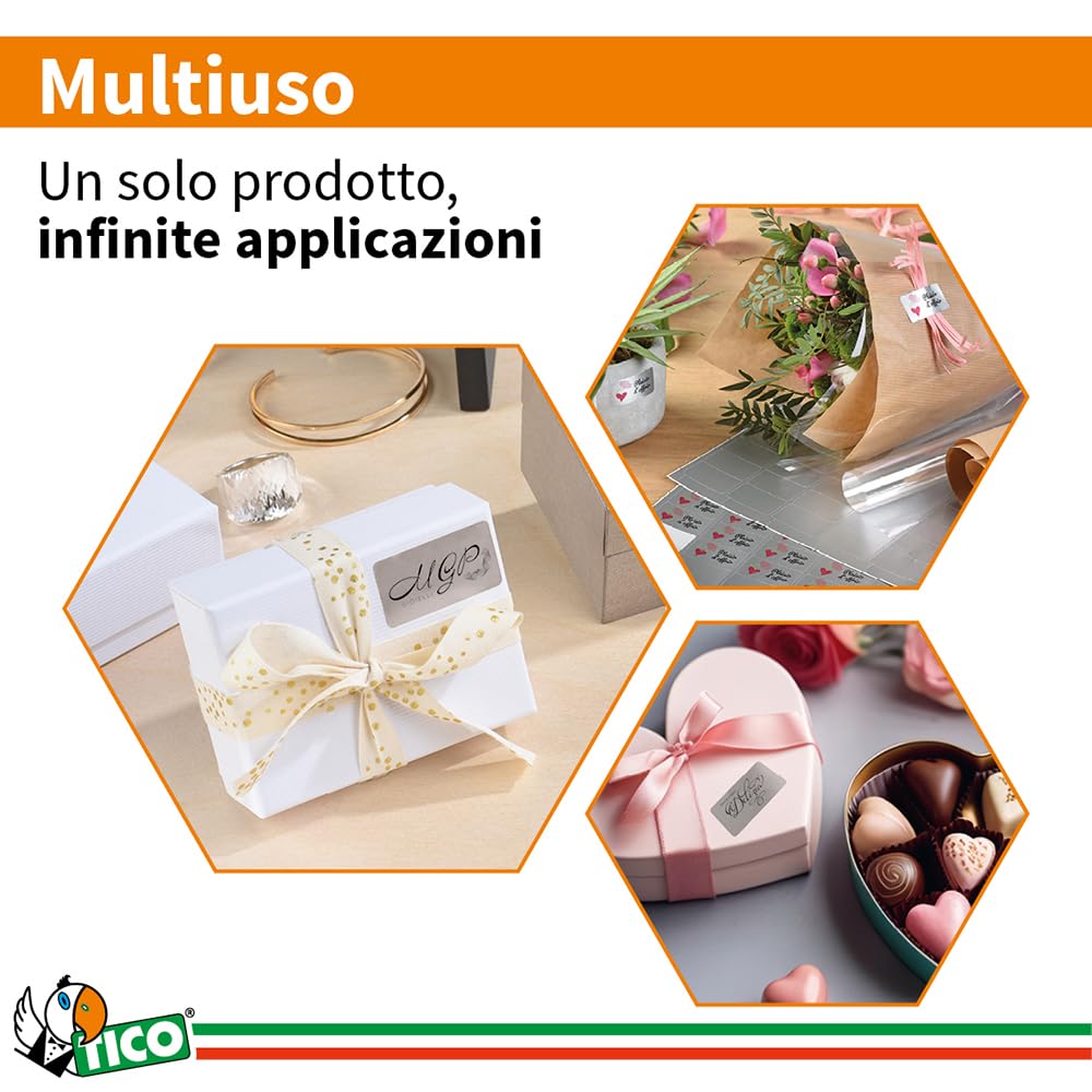 Tico Italia SL4-3619 Etichette adesive carta argento, 100 fogli A4, ovali 36x19mm, 65 etichette per foglio, adesivo permanente, stampanti laser, tipografiche e serigrafiche