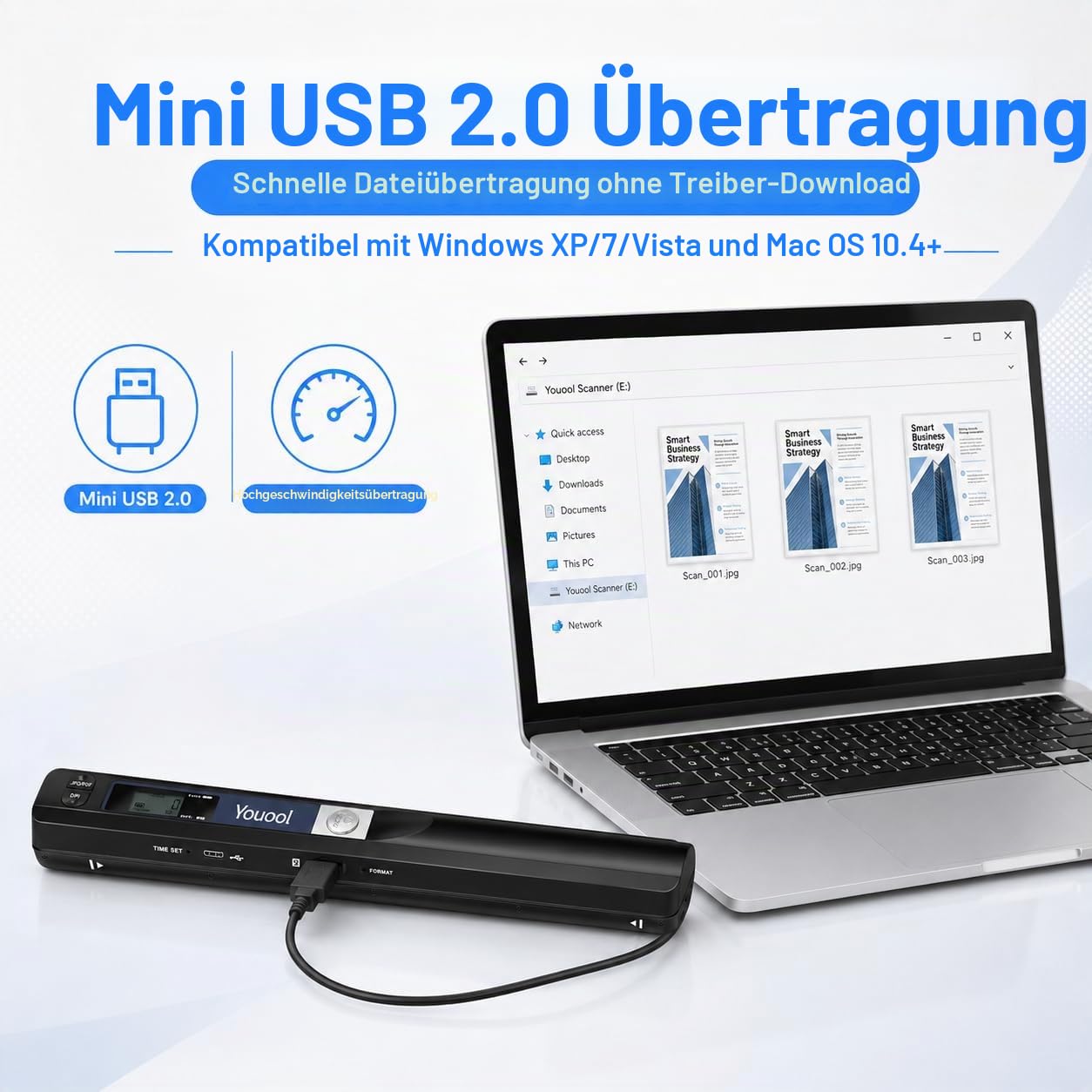 Handscanner mit 16G Micro SD, 900 DPI Tragbarer Hand-Dokumentenscanner Farbscanner, A4 Scanner Scannen im JPG und PDF Format für Dokumente Quittungen Fotos