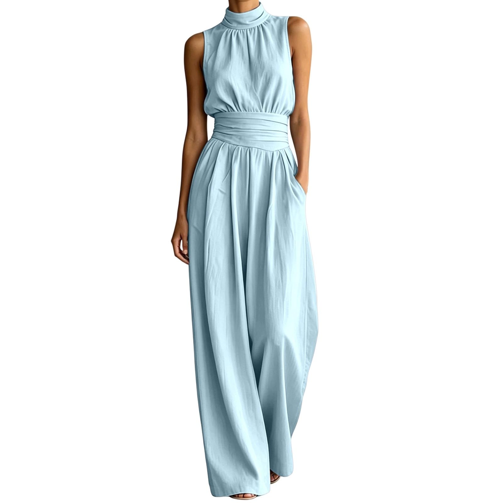 Generisch Ärmelloser Damen Jumpsuit mit Stehkragen weitem Bein sommerlich fließend lange Hose einfarbig für Urlaub Freizeit Büro
