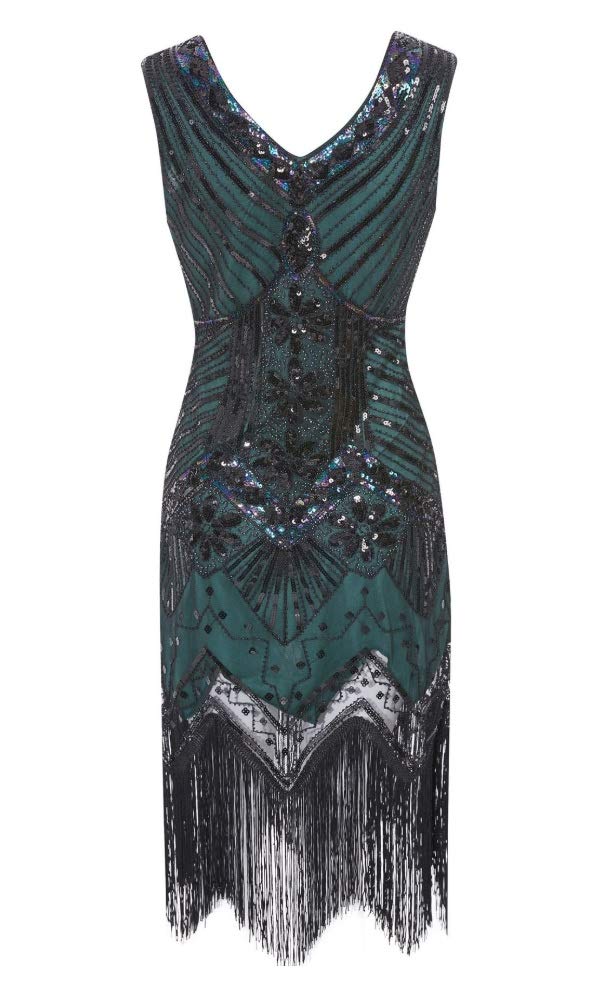 MIMIKRY Costume Charleston Flapper des années 20 pour femme - Robe à paillettes avec franges et 5 accessoires - Vert/noir - Taille : XS