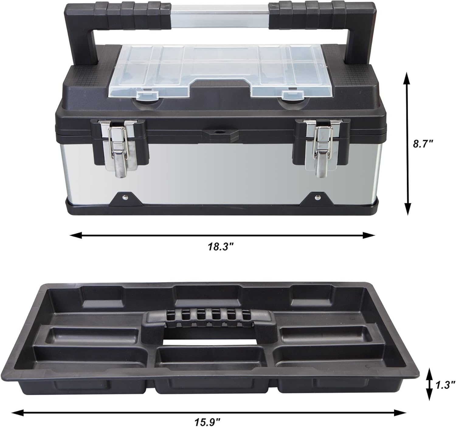 Road Dawg ROAD DAWG A5519BD Torin 19" Stainless Steel Portable Storage Tool Box Organizer with Metal Lock, Clear Lid Compartments, and Removable Tray - Stainless Steel/Black - - 