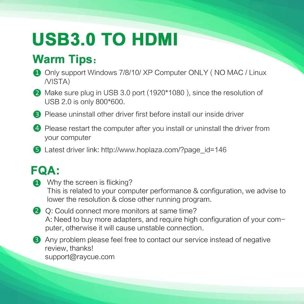 Warm tips and FQA for the USB 3.0 to HDMI adapter, covering compatibility, driver installation, and troubleshooting screen flickering.