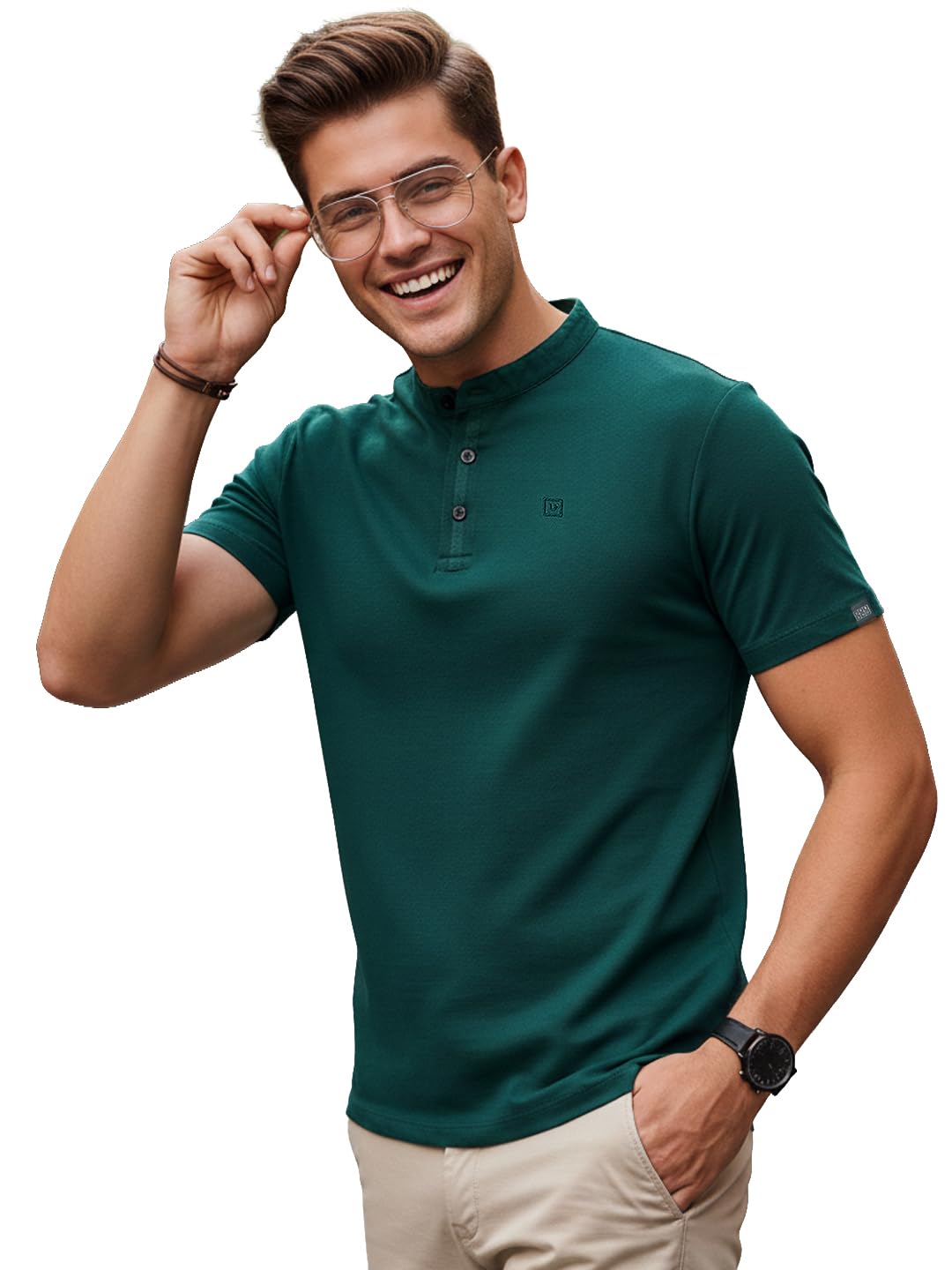 urbano fashion Men's Solid Mandarin Collar Slim Fit Half Sleeve Cotton T-Shirt-picture-18