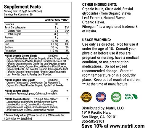 Nutrii Organic Green Immunity Superfood Powder - Soothes Digestion, Boosts Energy, Healthy Vitality. Fast Acting Daily Formula With Turmeric, Probiotics, Enzymes And Ashwagandha (20 Serv. Lemon-Mint) #TOP1