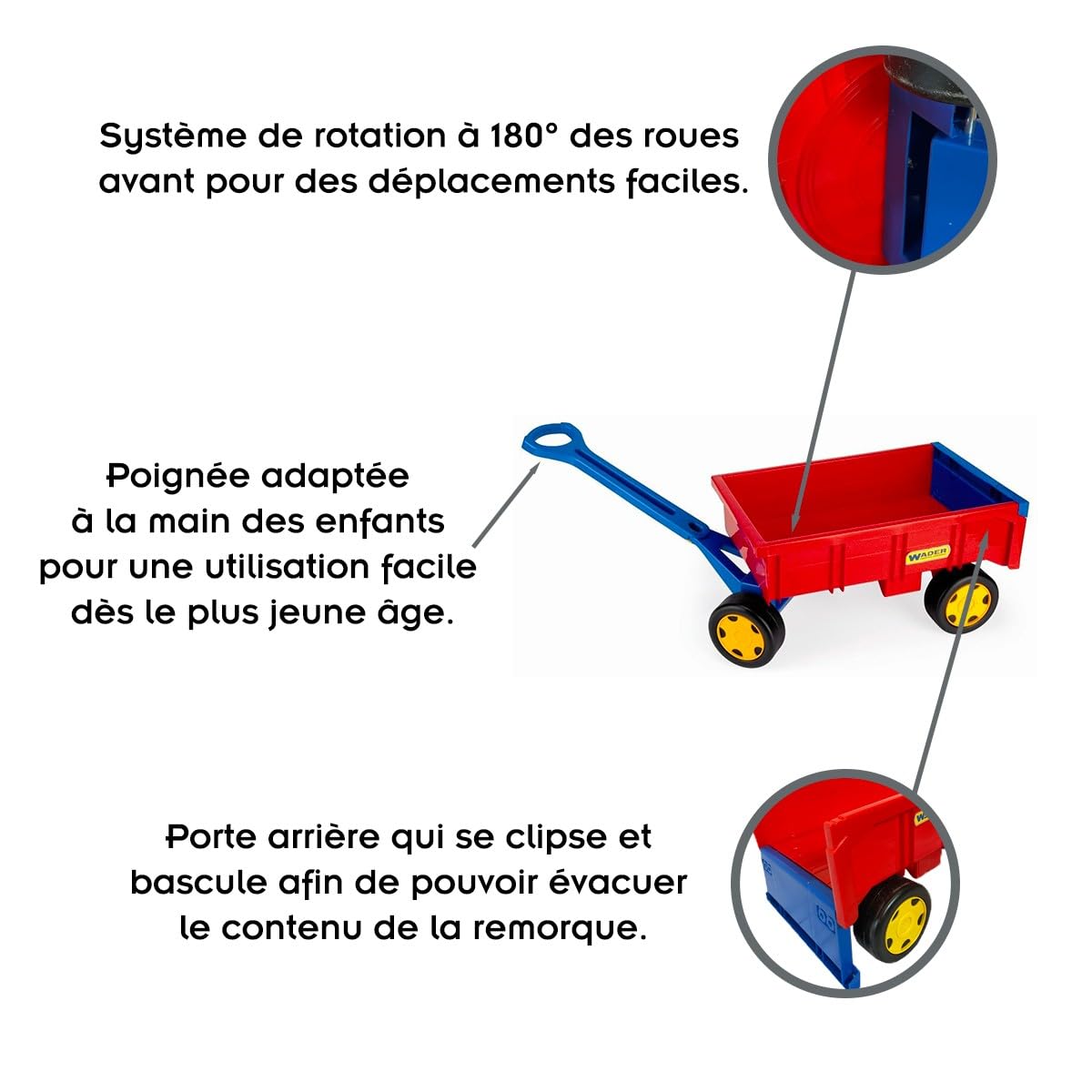 Wader 10950 - Carretilla de Mano Gigante con robustos Ejes de Acero, Capacidad de Carga hasta 60 kg, tamaño Aprox. 95 cm, para niños a Partir de 12 Meses, Juegos creativos