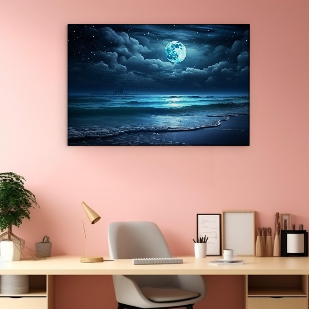 Canvas for Living room. Starry Serenity Meets Urban Glow in Moonlit Beach Splendor, 27 x 18 inch Canvas Wall Art - Universe - Modern Home Decor - 69x46 cm (27x18 inch)