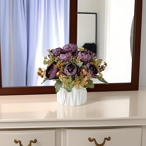 Miniatura 8 de Hbluefat - Flores artificiales con jarrón, flores de seda artificiales en jarrón de cerámica, pequeño arreglo de flores falsas para decoración de