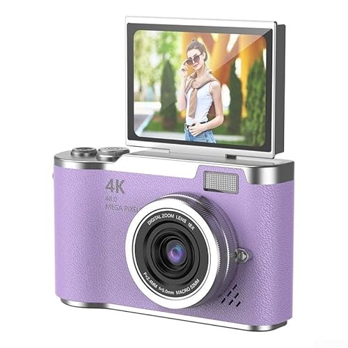 Fotocamera digitale CCD 4K, fotocamera digitale da 48 MP con scatto continuo, anti-shake, cattura viso, filtri, schermo flip a 180 ° per studenti principianti (viola 32G)