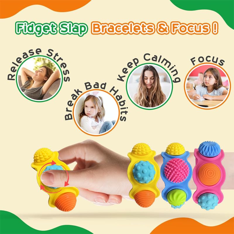 Sensory Toys Kids Fidget Bracelets: 3 Pack Wearable Sensory Toys with 18 Textures for Calming - Image 3