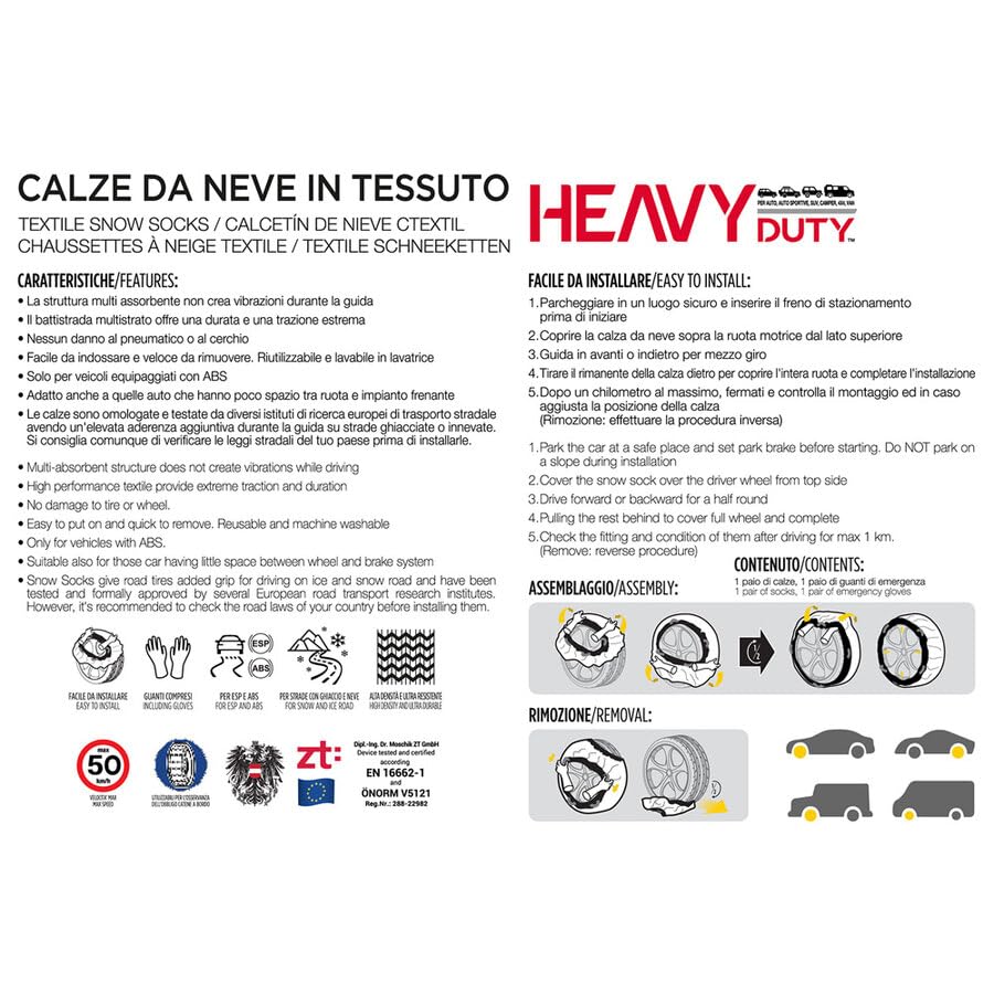 Calze da Neve Omologate EN16662-1 | Calze da neve Auto ad Alta Aderenza su Neve e Ghiaccio, Montaggio Facile e Veloce con Guanti Inclusi, (Misura 070)
