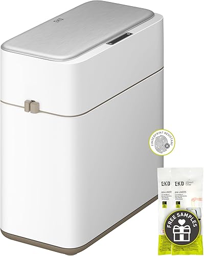 EKO Basurero automático para baño con tapa, cubo de basura sin contacto de 2.1 galones con cubo extraíble, cubo de basura delgado de acero