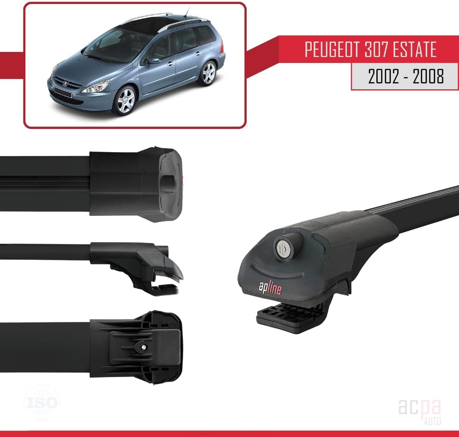 Roof Rack Rack Compatible with Peugeot 307 Estate 2001-2008 ACE-1 Roof Rack Black