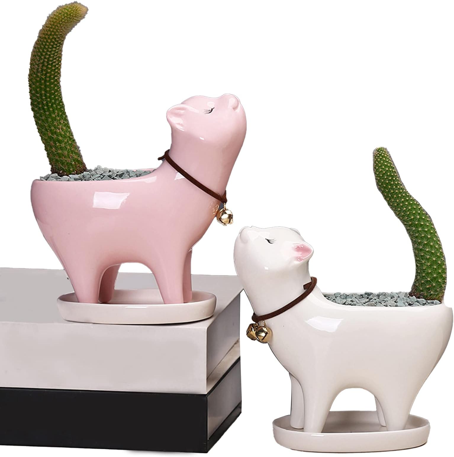 TOBHUYEXZ 2 Pcs Cat Planter Ceramic Plant Pots White and Pink Decorative Animal Flower Pot with Drainage Hole and Tray Saucer for Indoor Plants