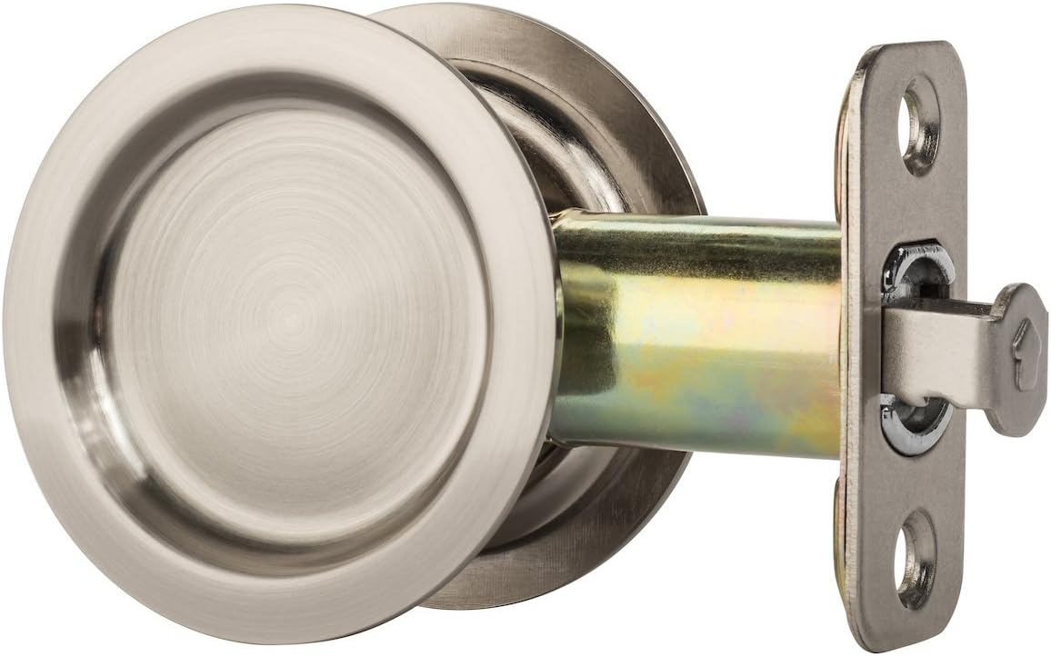 Dynasty Hardware Pocket Door Latch, Round Sliding Handle for Bathroom or Bedroom, Locking Passage Pull, Easy Install Pocket Door Hardware, Aged Satin Nickel Finish, 2-3/8" Backset, Universal Fit