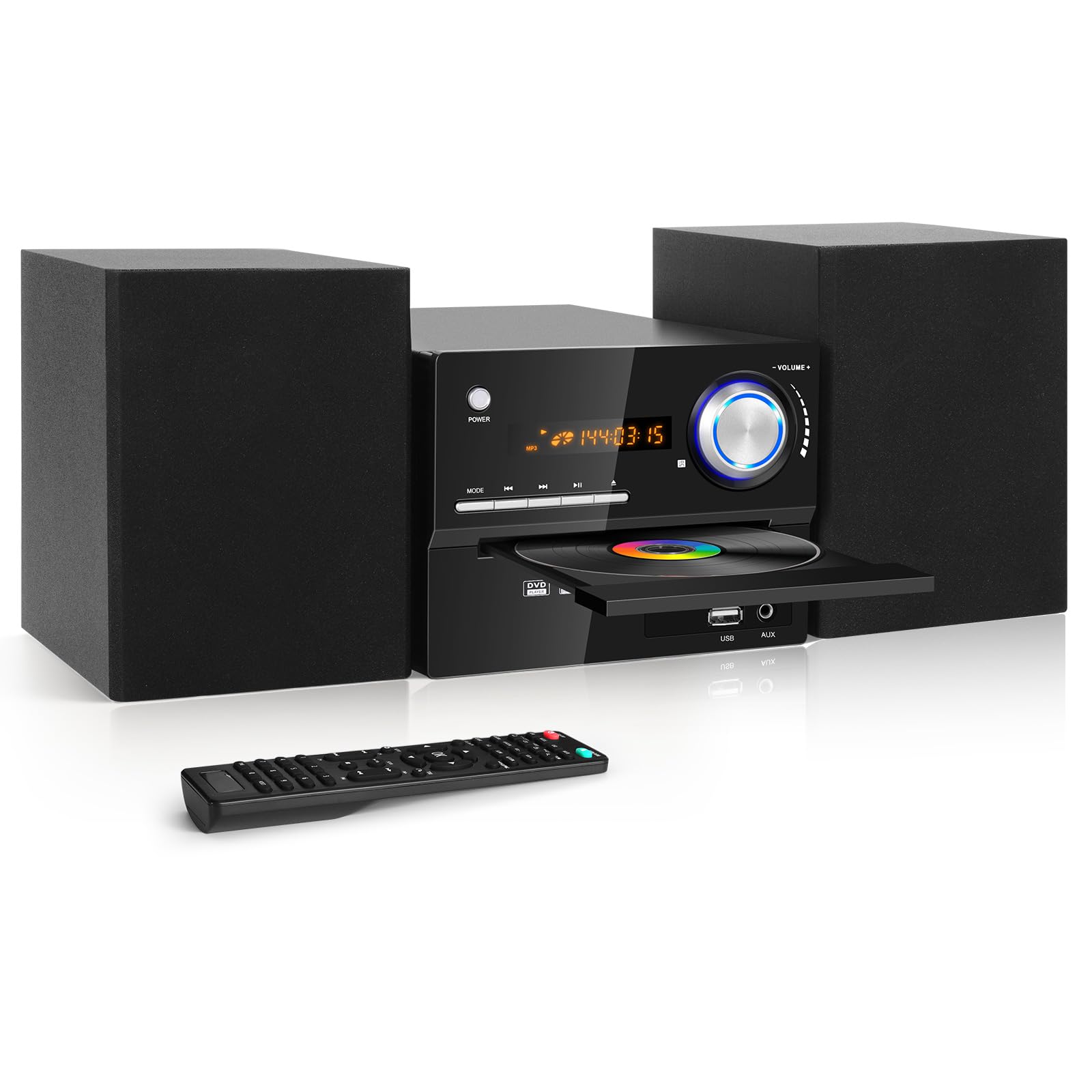 Compact Stereo System, DVD-802 Multi-Function Home Bluetooth Speaker with CD DVD Player/FM Radio/AUX Input/USB Input/MIC Input/RCA Output, Premium 30W RMS 3-Piece Sound System for TV (Glossy Black)