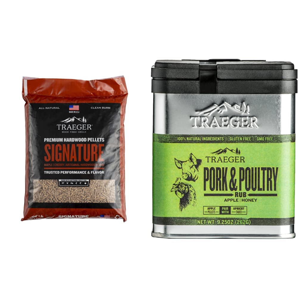 Amazon.com : Traeger Grills Signature Blend 100% All-Natural Wood Pellets  for Smokers and Pellet Grills, BBQ, Bake, Roast, and Grill, 20 lb. Bag u0026  Grills SPC171 Pork and Poultry Rub with Apple