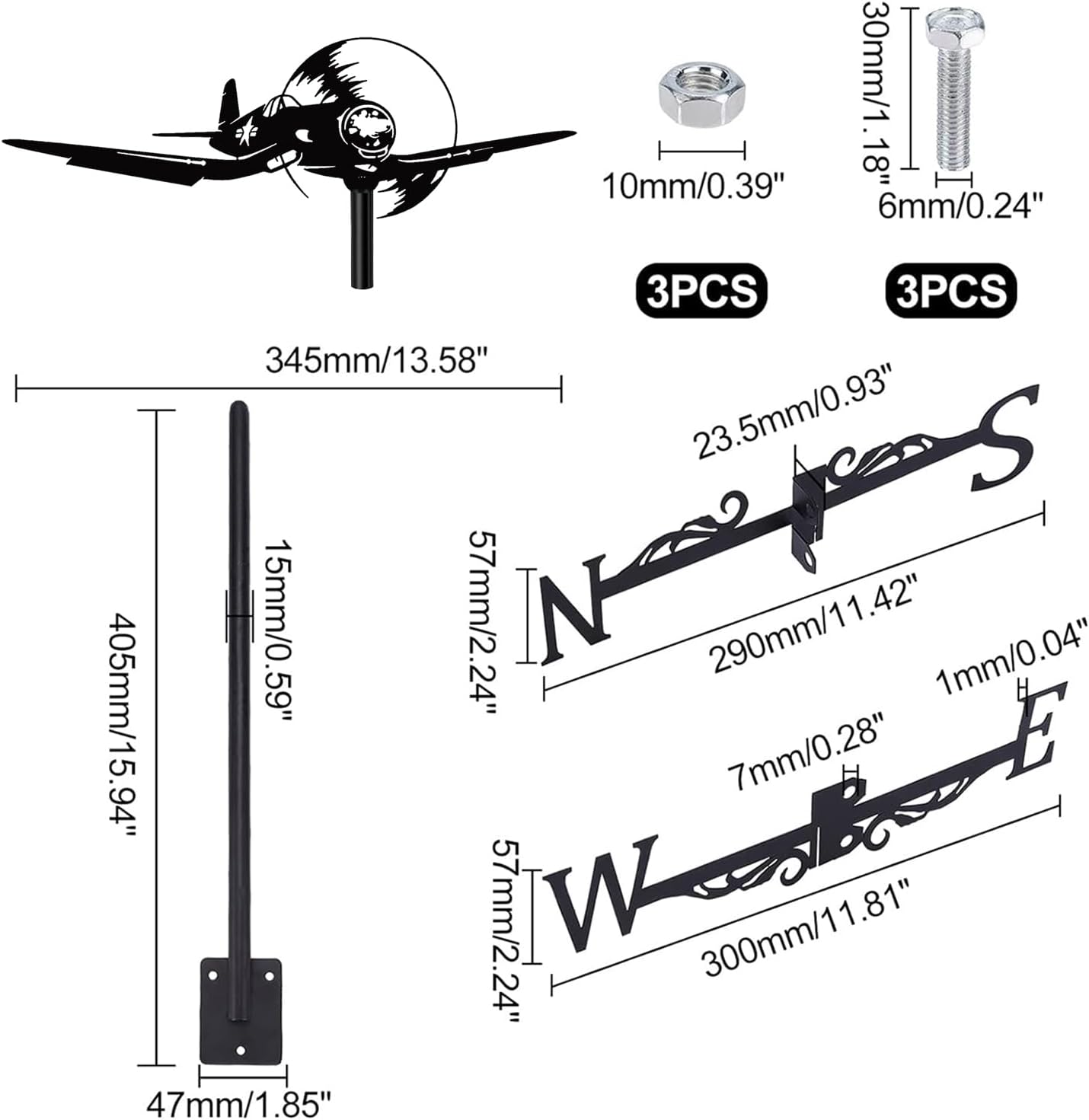 KIROJA Plane Weathervane Aircraft Ornament Wind Vane Warcraft Weathercock Metal Weather Vane for Garden Farmhouse Decorative Outdoor Wind Measuring Tool Wind Direction Indicator