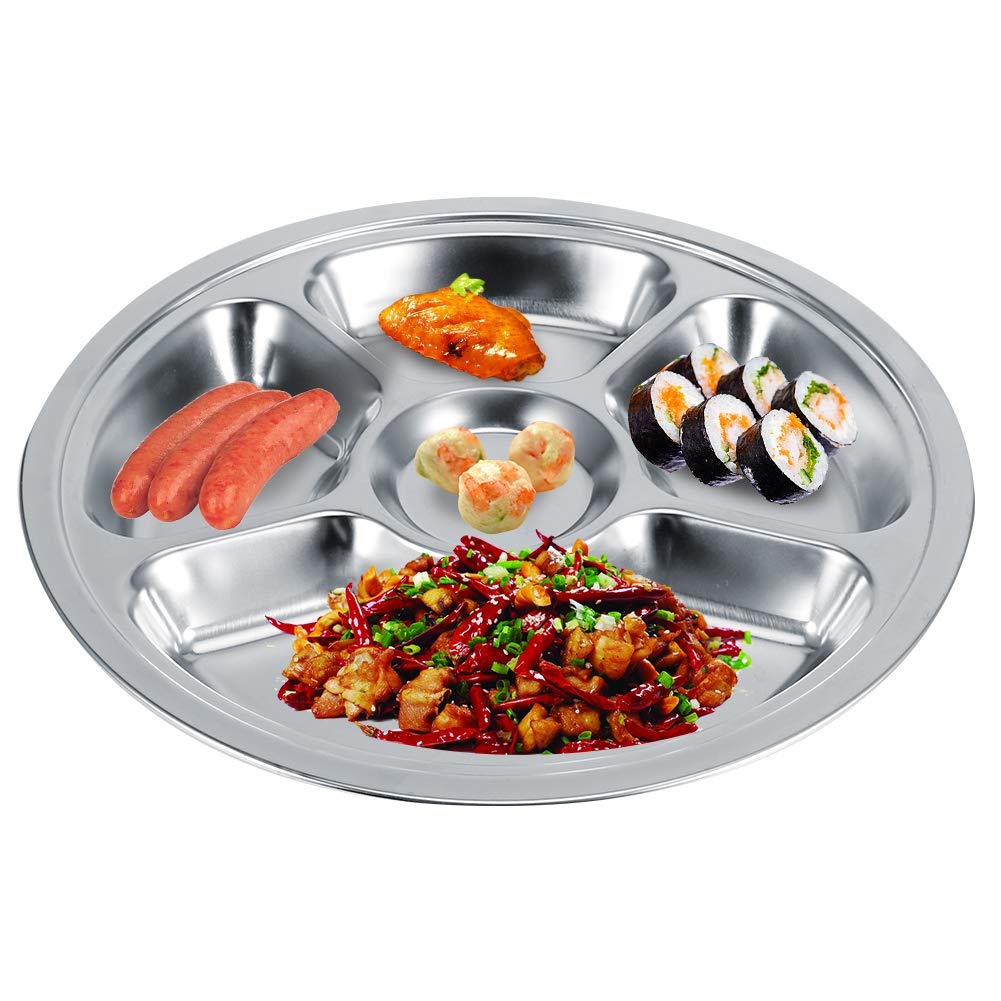 5 Pièces Assiettes Divisées épaissir 304 Assiette à Dîner En Acier Inoxydable Portion Ronde Assiette De Contrôle Vaisselle Pour le Déjeuner, Camping(5-Section)