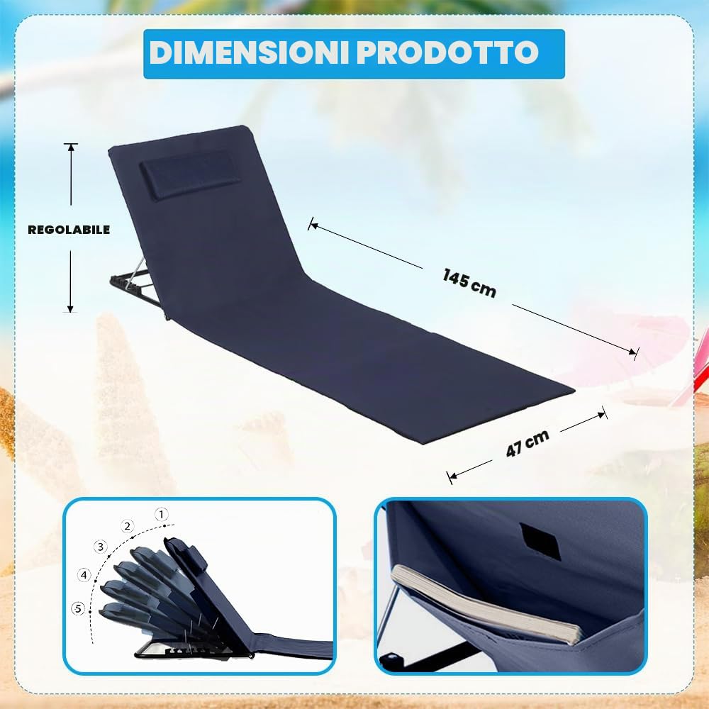 Tappetino da Spiaggia Pieghevole con Schienale Regolabile,Schienale da Spiaggia con Sacca Portatile