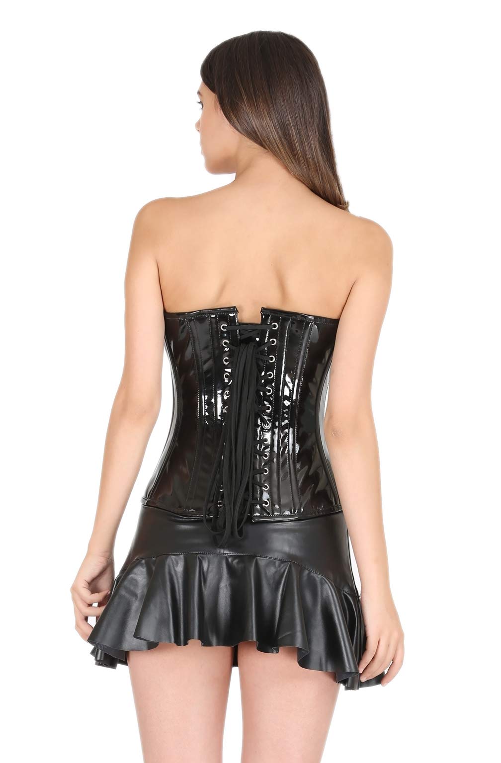 Black PVC Leather Lace Gothic Overbust Costume Corset Waist Training Bustier Top