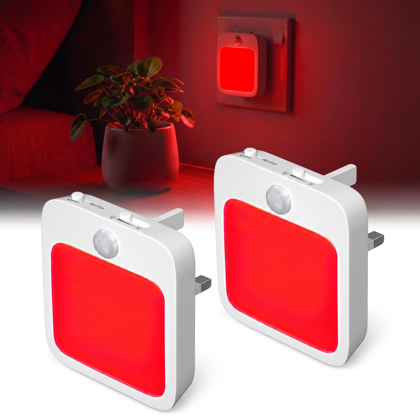 TobeBright 2 Pack 625nm Red Night Light Plug in Wall, LED Night Light with Motion Sensor, Dimmable & Auto On/Off– 0.5W Red Nightlight for Kids' Room, Bedroom, Hallway