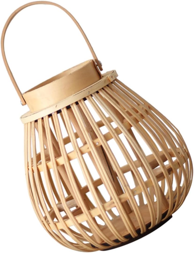 Handmade Woven Candlestick Decorative Candleholder Retro Lantern Shape Beige Home Decor for Bedroom Living Accent