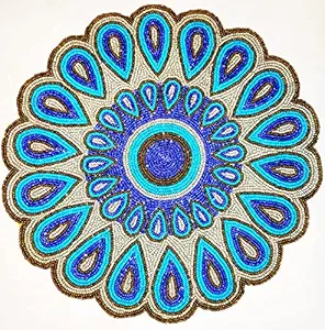 Premium Handcrafted Beautiful Beaded - Table Mats / Placemats, Beaded Rangoli for Dinning Table, Centre Table & Kitchen with Golden Design. (Blue)