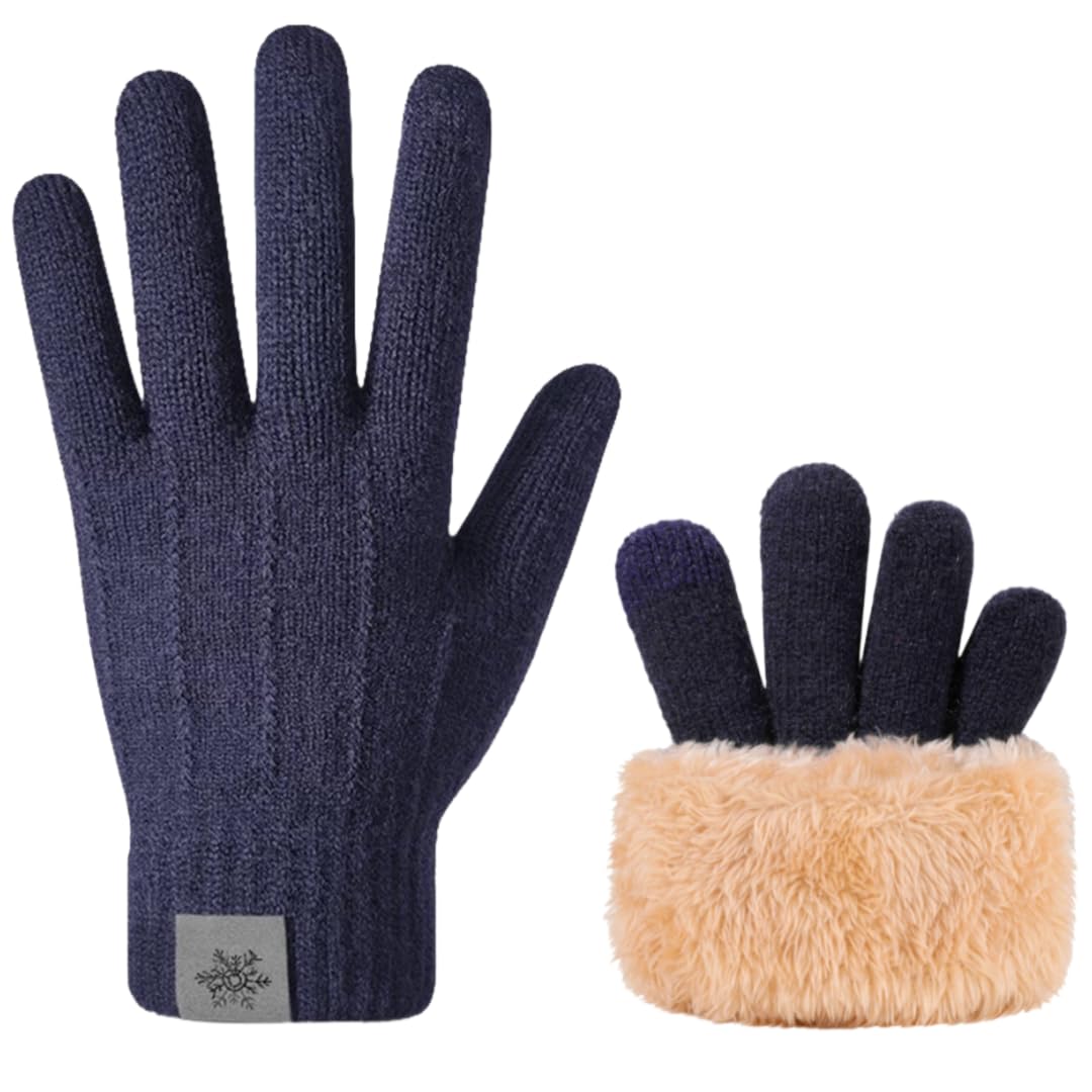 YISENJEE Winter Thermal Gloves Men'S Winter Plush And Touch Screen Knitted Invisible Striped Warm Gloves - Navy Blue
