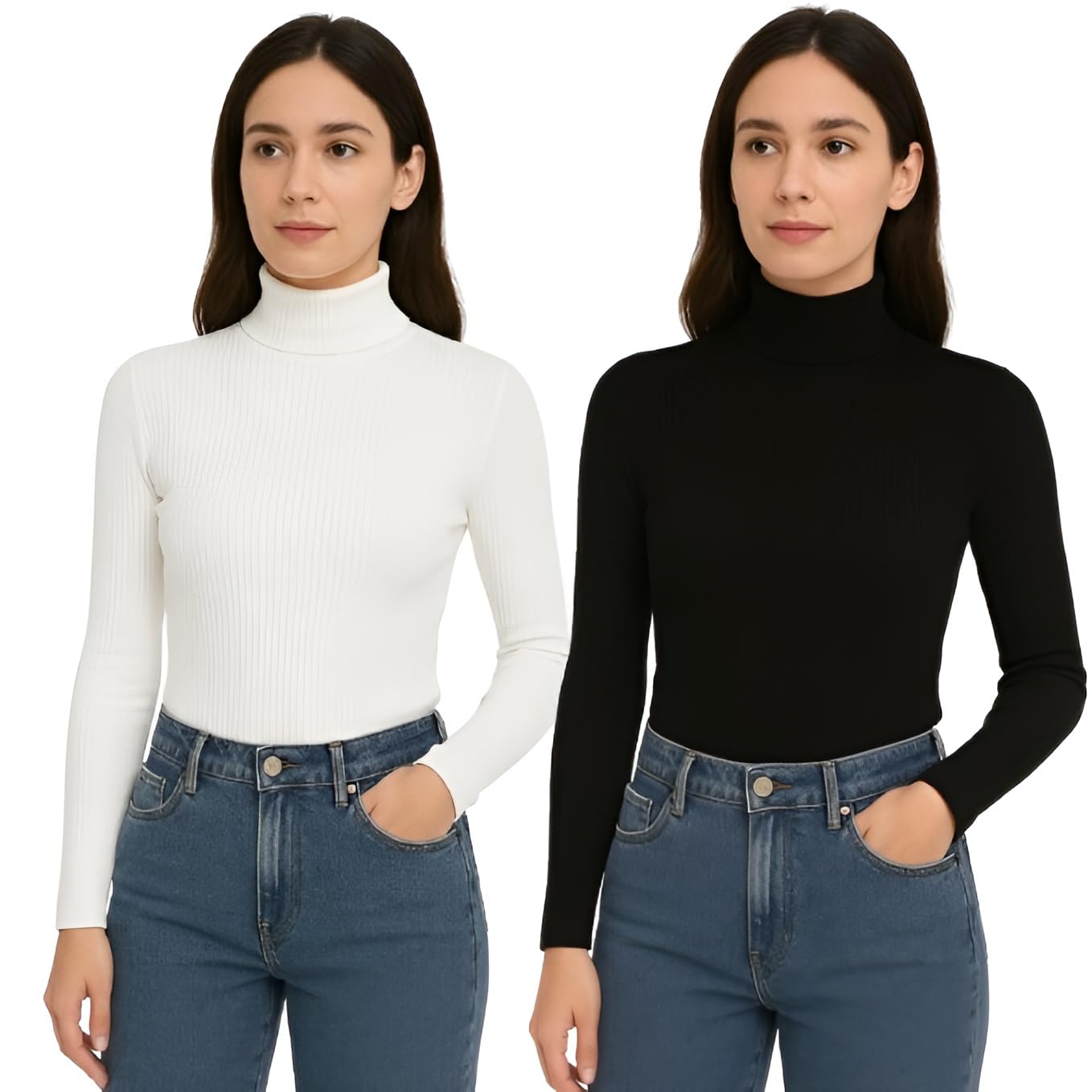 Women's Ribbed Turtleneck Sweater, Long Sleeve Fitted Pullover Top in Black and White, Classic Slim Fit Design