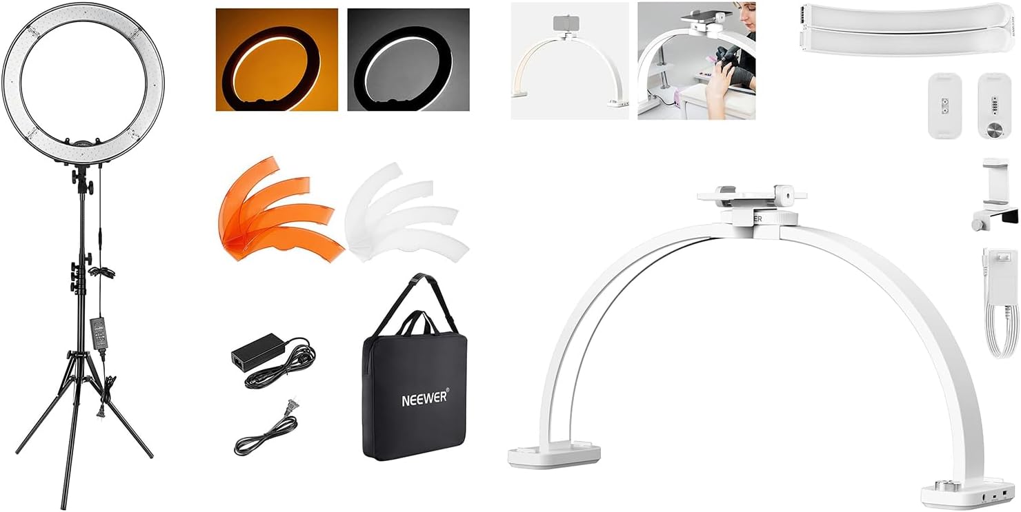 NEEWER RL-18 18 Inch Ring Light with Tripod Stand & Basics HM01-D 29" Arc Lamp, 55W LED Ringlight Phone Holder Compatible with iPhone Camera Video Recording Studio Photography Streaming Selfie Makeup