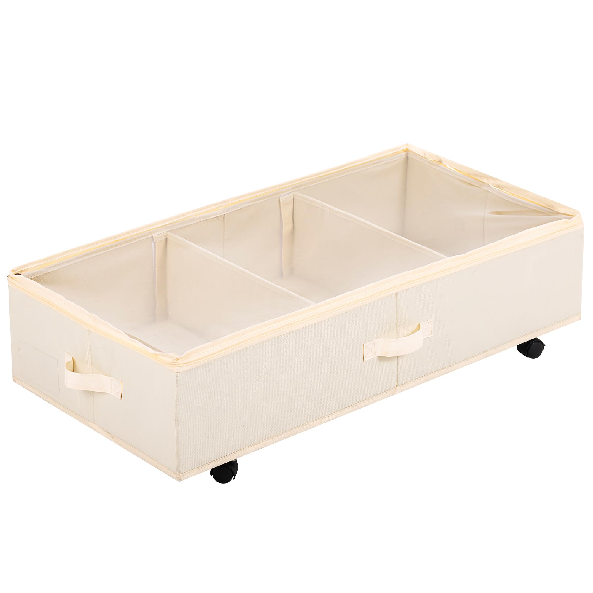 woodluv Underbed Storage Basket on Wheels, Foldable Underbed Storage Box, Rolling Underbed Storage Organizer with Zipped Lid for Clothes, Shoes, Bedding, Space-Saving, Beige