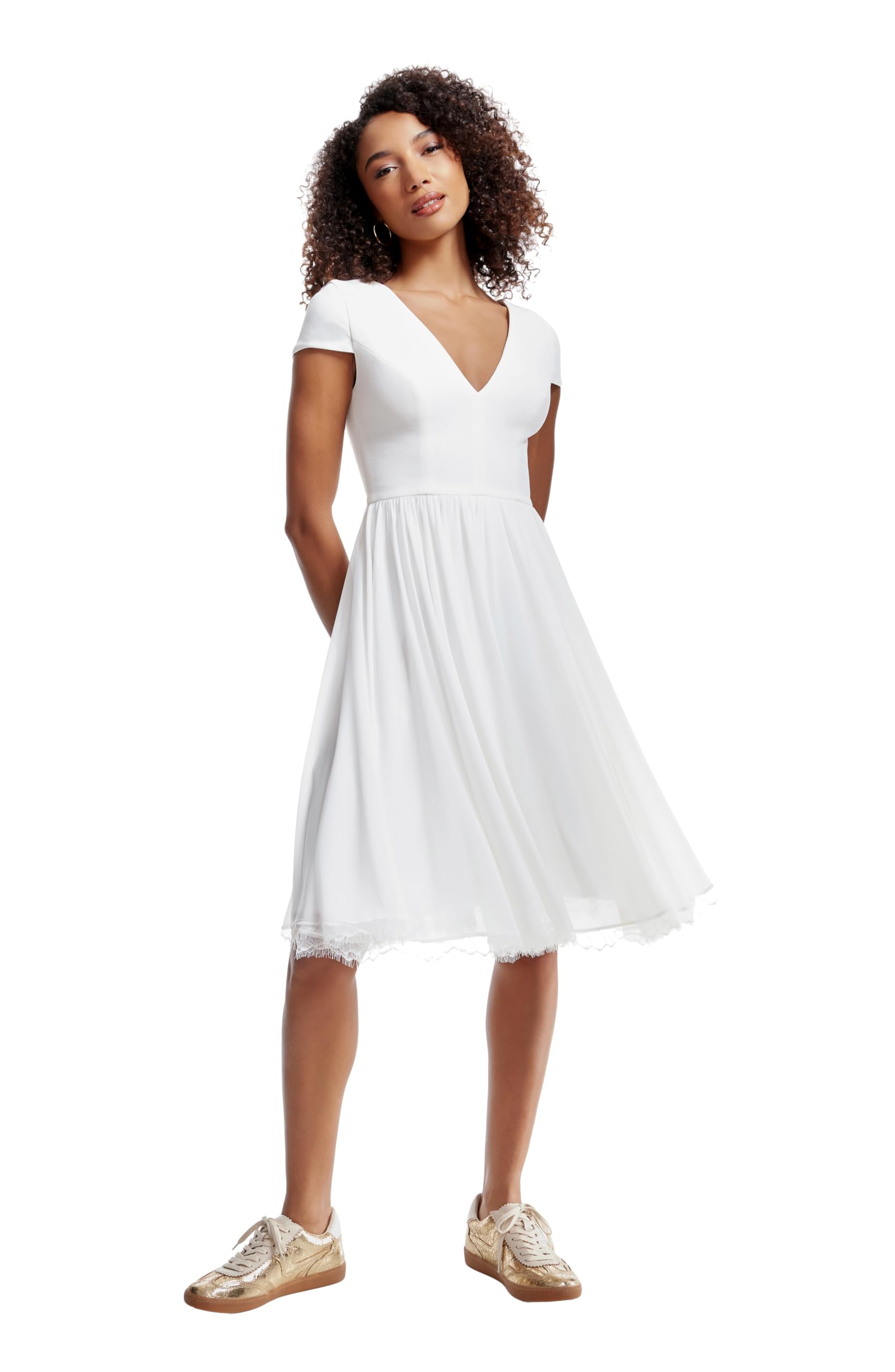 Dress the Population Corey Plunging Mix Media Cap Sleeve A-Line Midi Dress Vestido Mujer