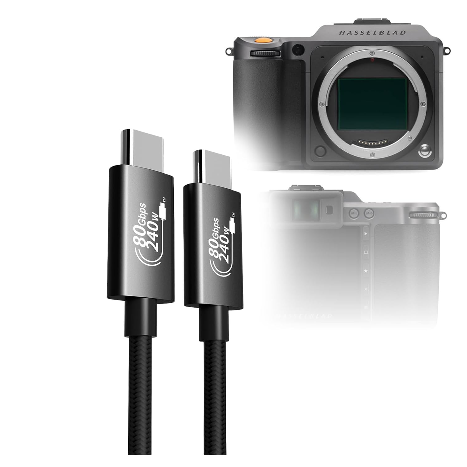 BoxWave Cables & Adapters Compatible with Hasselblad X1D II 50c - DirectSync PD Thunderbolt 5.0 Cable (10 ft 240W), Long Nylon Braided Connector Fast Charge - Jet Black