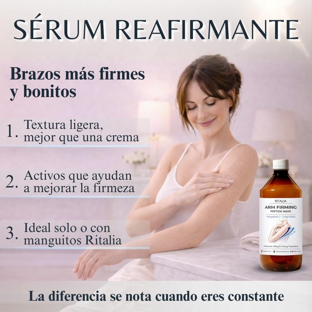 RITALIA Tratamiento Reafirmante Brazos 500 ml – Sérum para Flacidez y Brazos Flácidos con Peptidos y Ginkgo – 12 Aplicaciones – Compatible con Manguitos – Made in Italy