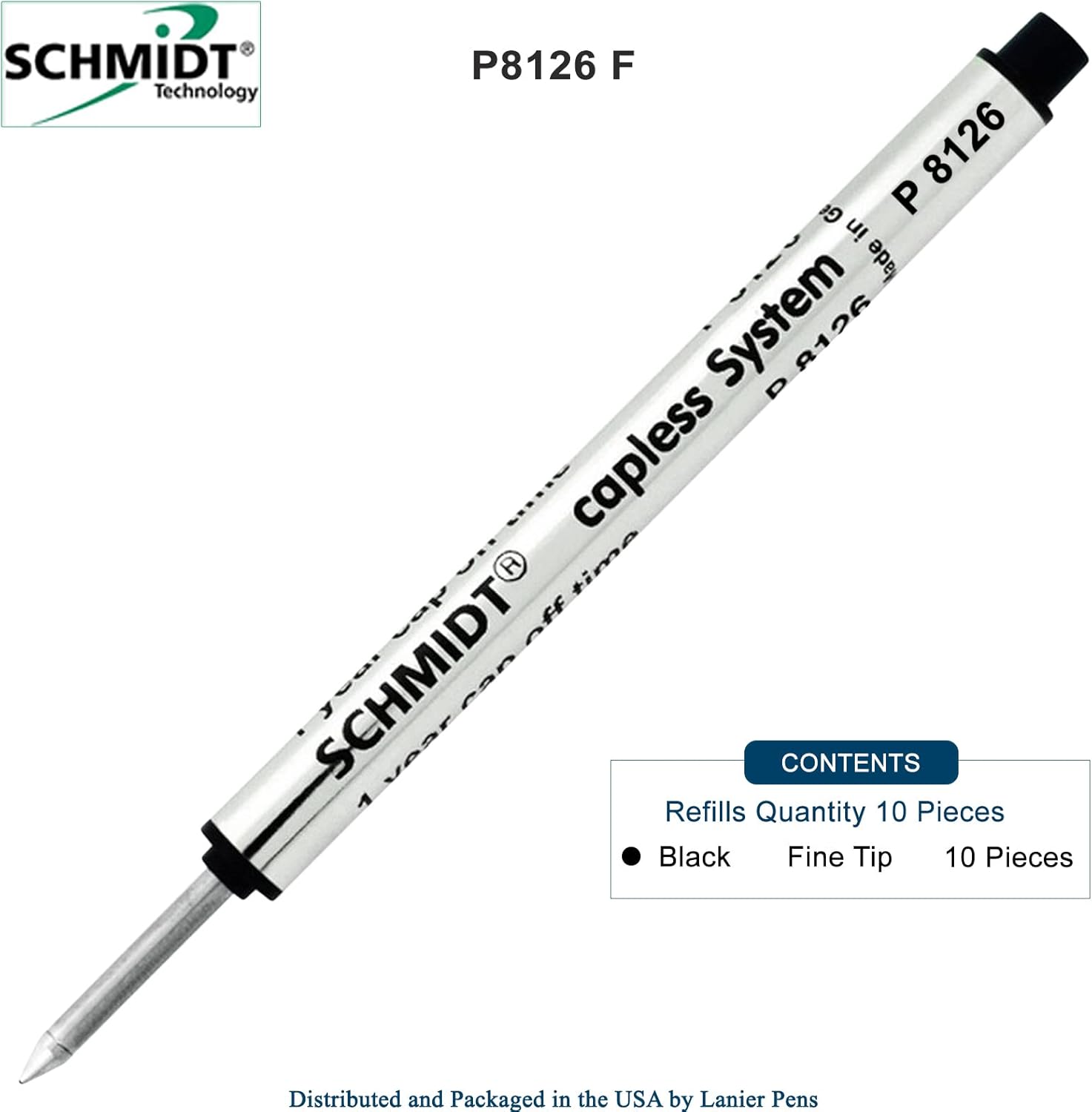 Schmidt Short P8126 Capless Rollerball Refill - Black - 10 Pack