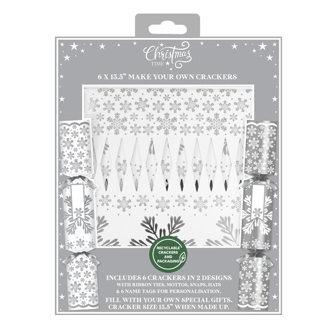 Yöl Pack Of 6 6 Make Your Own Christmas Crackers Silver And White Snowflake Personalised Xmas Table Decoration Craft