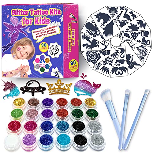 Metuu 90 feuilles de kit de tatouage à paillettes pour enfants, tatouage dinosaure licorne pour garçons et filles, autocollant de tatouage temporaire étanche à paillettes comme cadeau d'anniversaire