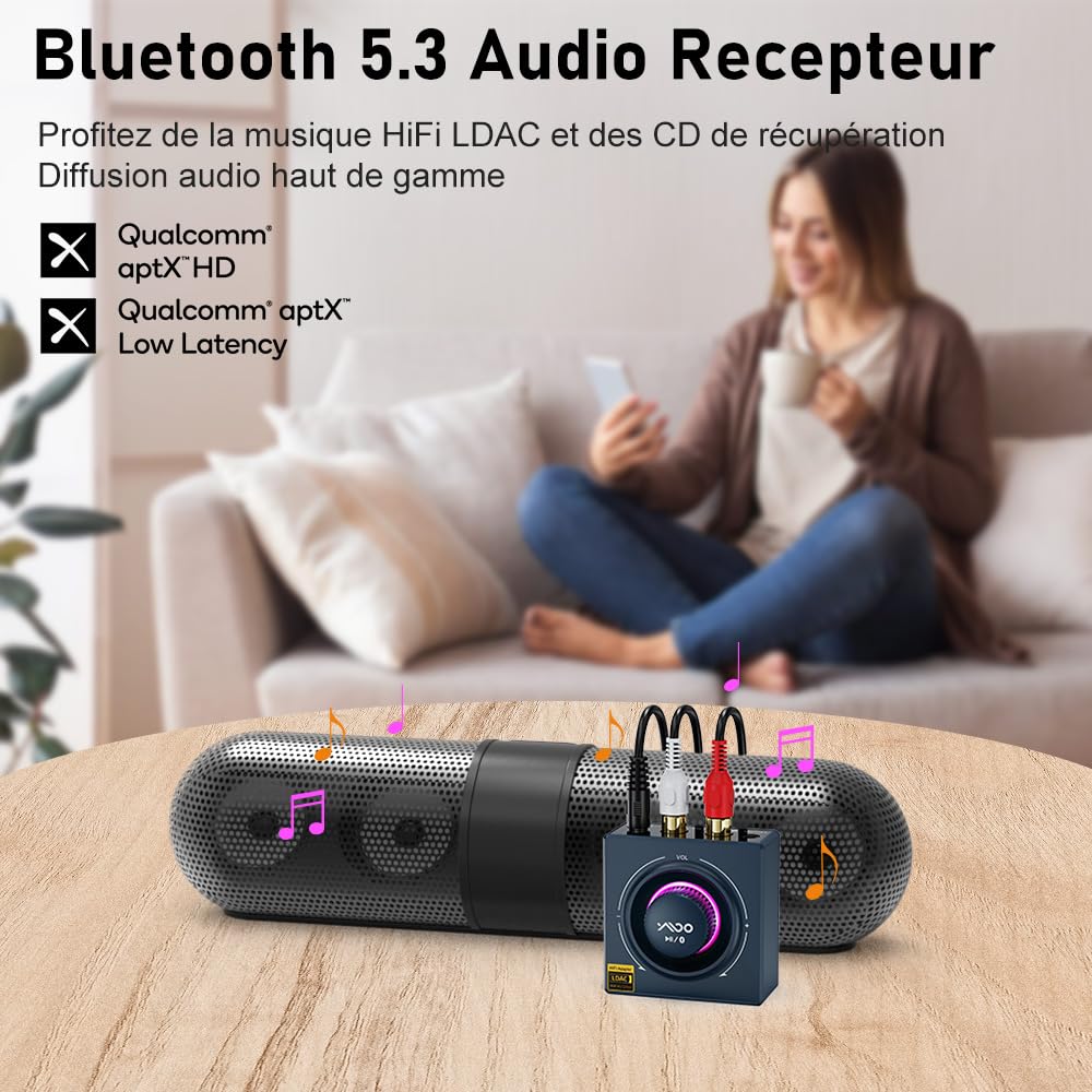 YMOO LDAC Recepteur Bluetooth 5.3, RCA 3,5 mm Jack AUX Adaptateur Bluetooth SBC AAC,Stereo Audio HiFi Receiver pour Smartphone, Tablette, Ordinateur Portable, Enceinte Home Cinema,100ft (Blue)