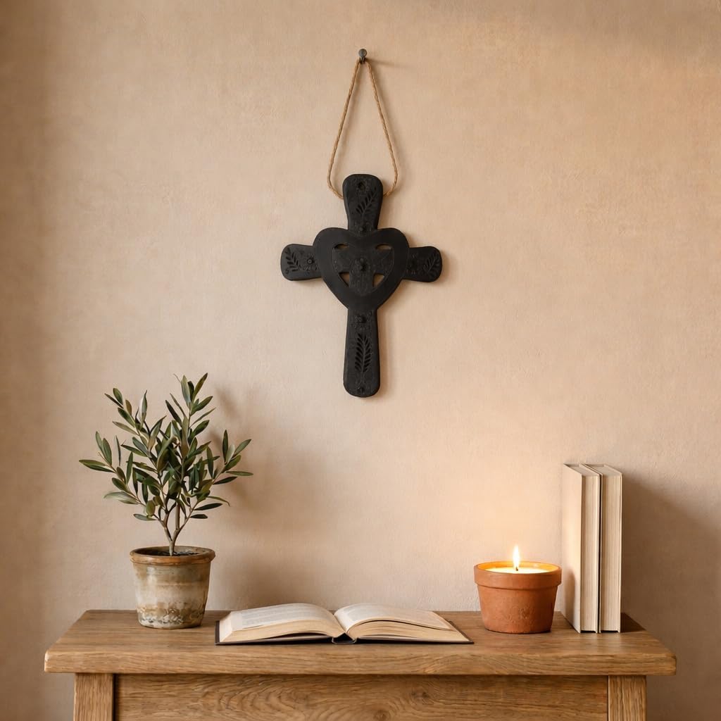 Handmade Mexican Black Clay Wall Cross – Christian Religious Decor – Rustic Artisan Cross from Oaxaca – Spiritual Home Accent – 7 x 10 Inch (Heart)