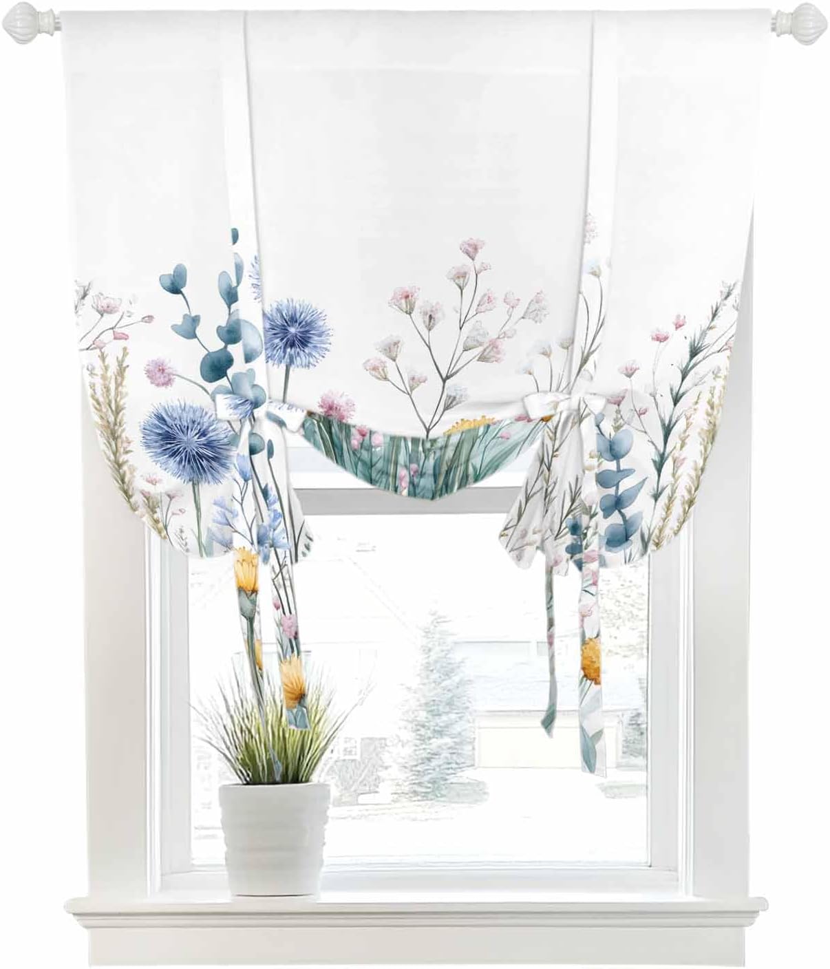 Tie Up Curtain for Windows Wildflower Balloon Window Shades for Bedroom Bathroom Adjustable Rod Pocket Floral Leaves Window Treatments Curtains Valance for Kitchen 52" W x 63" L