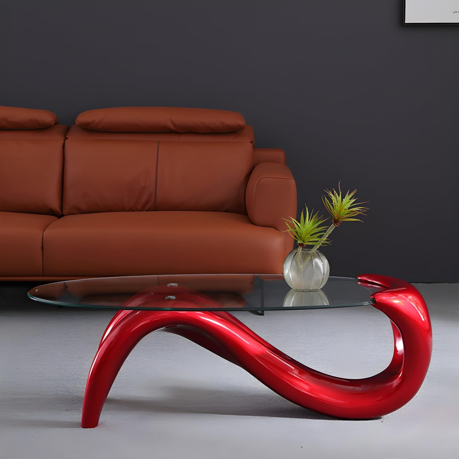 Modern Oval Glass Top Cocktail Table, Clear Glass Coffee Table for Living Room, Contemporary Abstract Center Table 47.5" L x 27.5" W x 16" H, Black