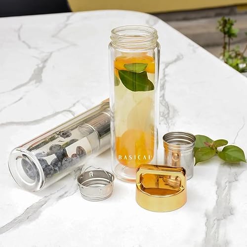 Miniatura 6 de BASICAL Botella de agua de vidrio de borosilicato de doble pared para bebidas con infusor de té y 2 tapas con asa (bambú 100% real y plástico PP) -