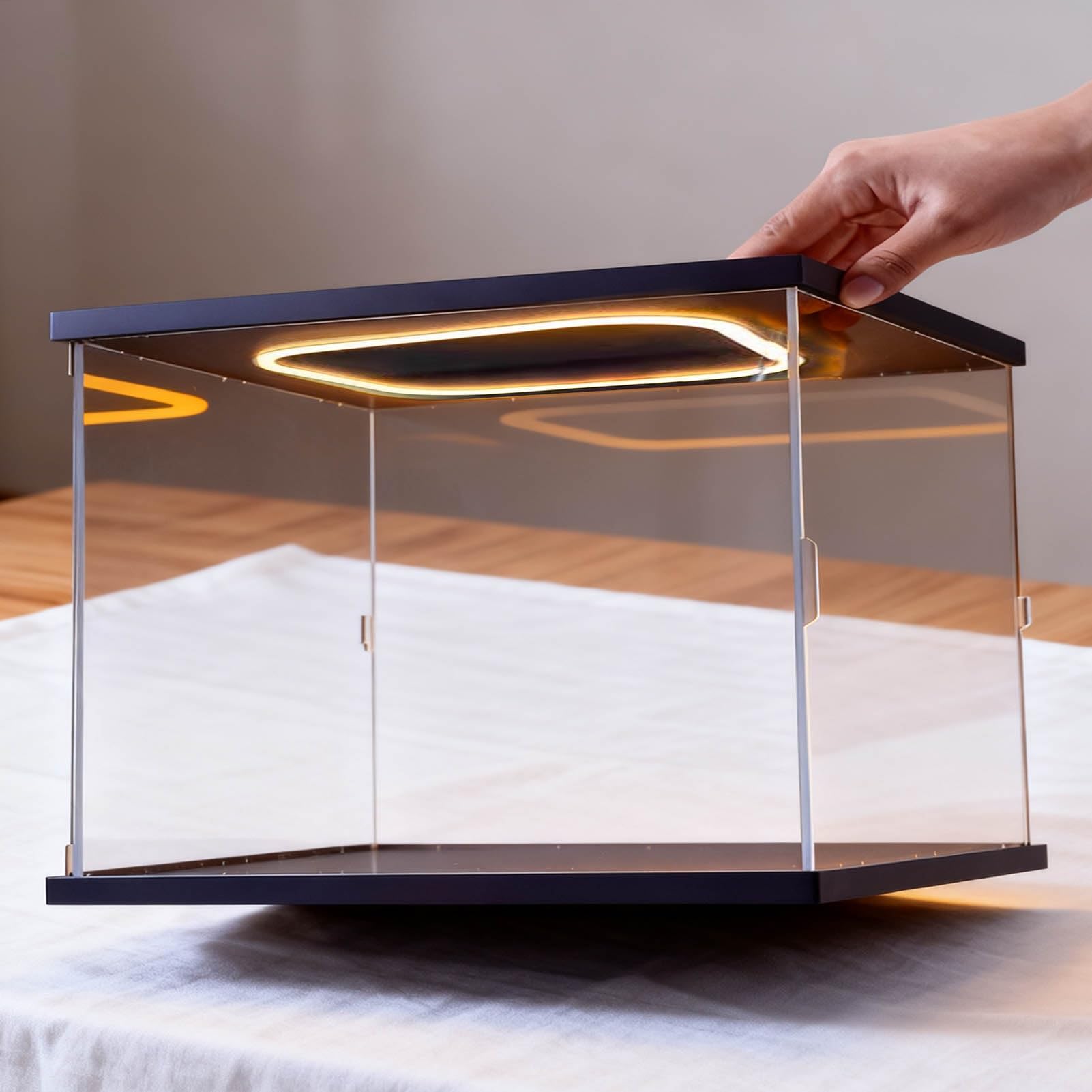 Acryl Vitrine Acryl-Figurenvitrine mit Beleuchtung, Staubdichte Acrylbox für Sammlerstücke mit Tür, Transparente LED-Vitrine (rechteckig) mit Holzsockel(30x15x35cm(12"x6"x14"))