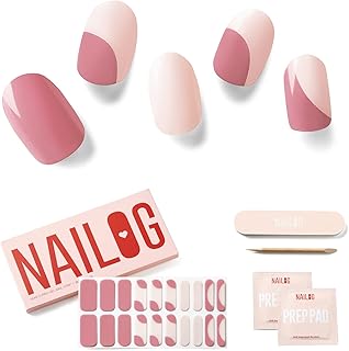 NAILOG Cured Gel Nail Strips 20 Pcs French Tip Stickers | Buy 2 Get 1 UV Lamp | Long Nail Wraps with Glossy Finishing | Audrey