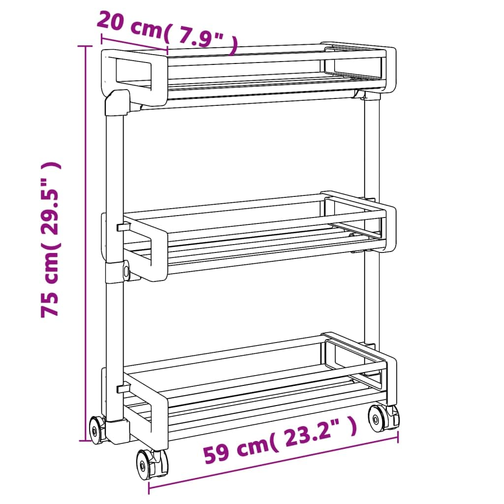 Carro de almacenamiento de aluminio 59 x 20 x 75 cm con 3 cestas y ruedas, estante ajustable, ahorra espacio para cocina, baño, oficina, organizador estable para un almacenamiento y orden