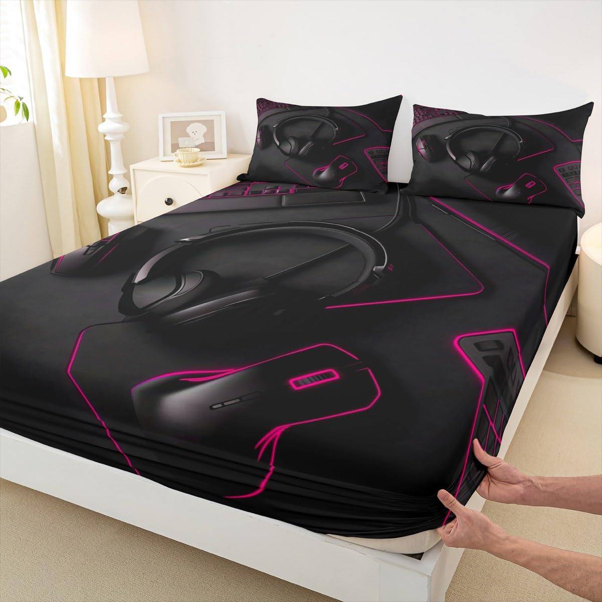 jejeloiu Kids Pink Headset Fitted Sheet Twin Size Headphone Bed Sheets Set 16