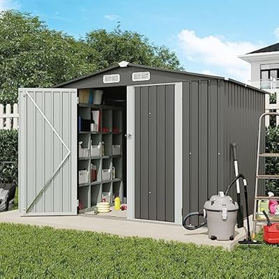 Verano Garden 8x6 FT Outdoor Storage Shed, Galvanized Steel Metal Garden Shed, Double Door W/Lock, Outdoor Storage Tool House for Backyard, Patio, Lawn