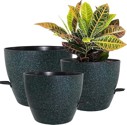 UOUZ 10/9/8 inch Self Watering Pots, Set of 3 Plastic Planters with Mesh Drainage Holes and Deep Reservoir for Indoor Outdoor Garden Plants and Flowers, Black with Green Speckles